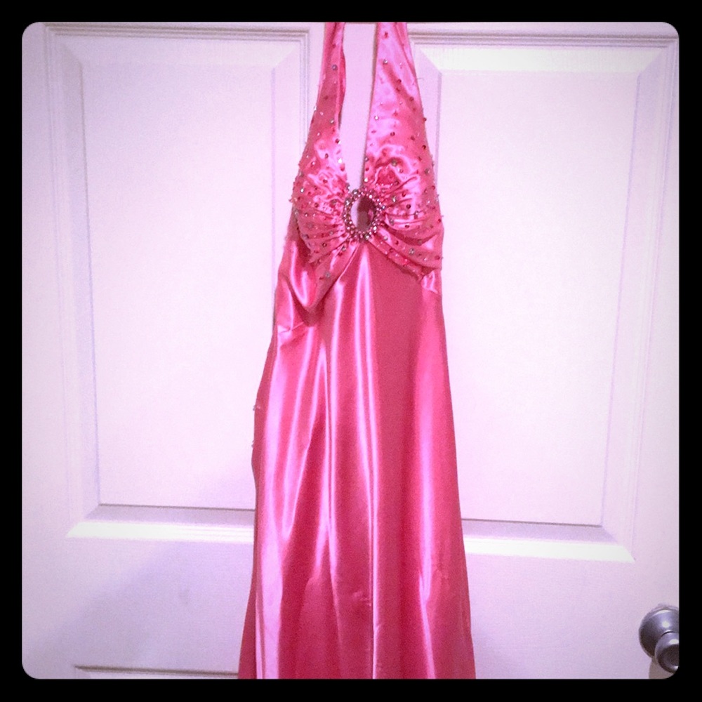 Pink open back prom dress